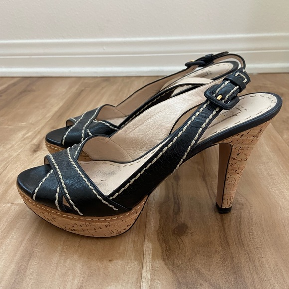 Prada Shoes - Prada Black Leather Stitched Criss Cross Platform Heels Sandals Sz 38 US 7.5